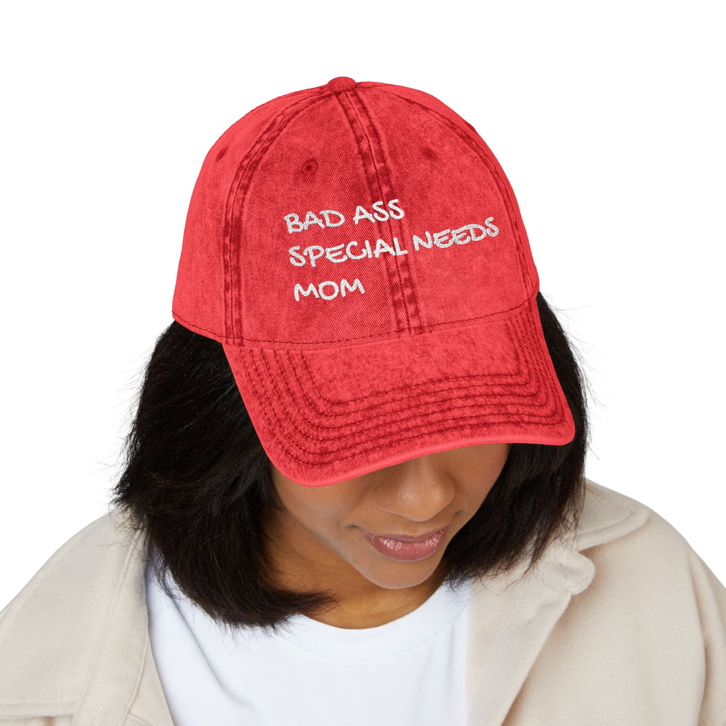 Vintage Embroidered Cap — "Bad Ass Special Needs Mom" Red