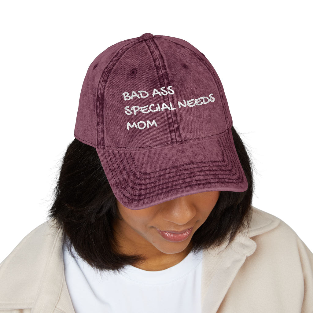 Vintage Embroidered Cap — "Bad Ass Special Needs Mom" Red